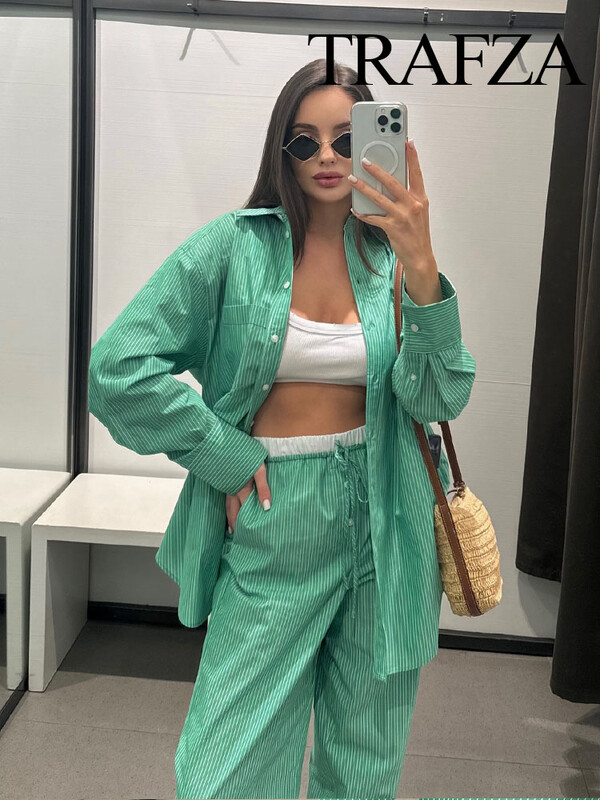 TRAFZA ljetno modno žensko odijelo s otvorenim ovratnikom, dugim rukavima, jednoredne košulje s džepovima + široke hlače na vezanje u struku