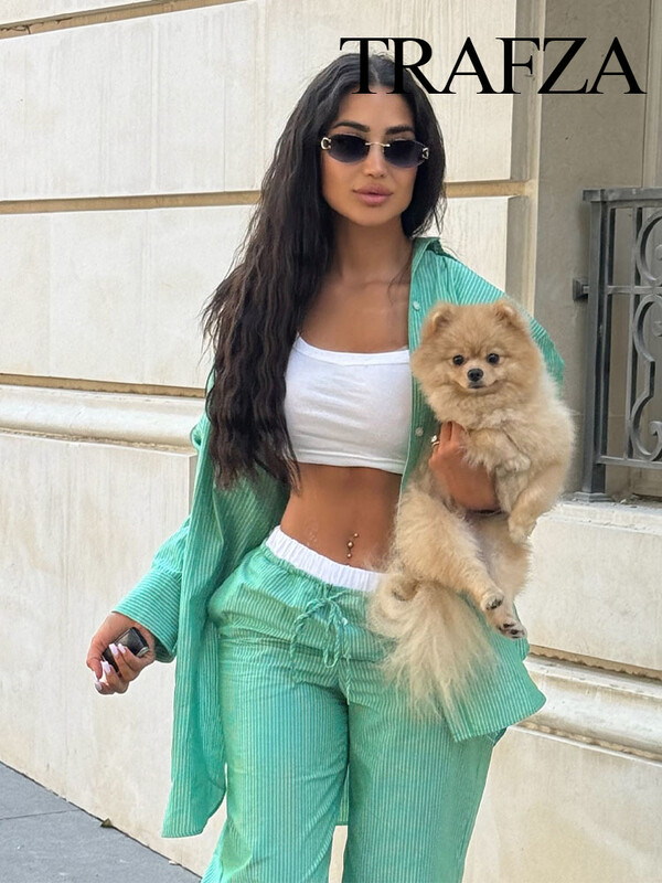 TRAFZA ljetno modno žensko odijelo s otvorenim ovratnikom, dugim rukavima, jednoredne košulje s džepovima + široke hlače na vezanje u struku