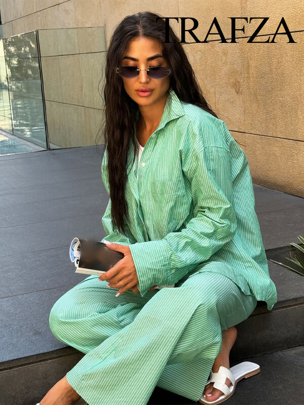 TRAFZA ljetno modno žensko odijelo s otvorenim ovratnikom, dugim rukavima, jednoredne košulje s džepovima + široke hlače na vezanje u struku