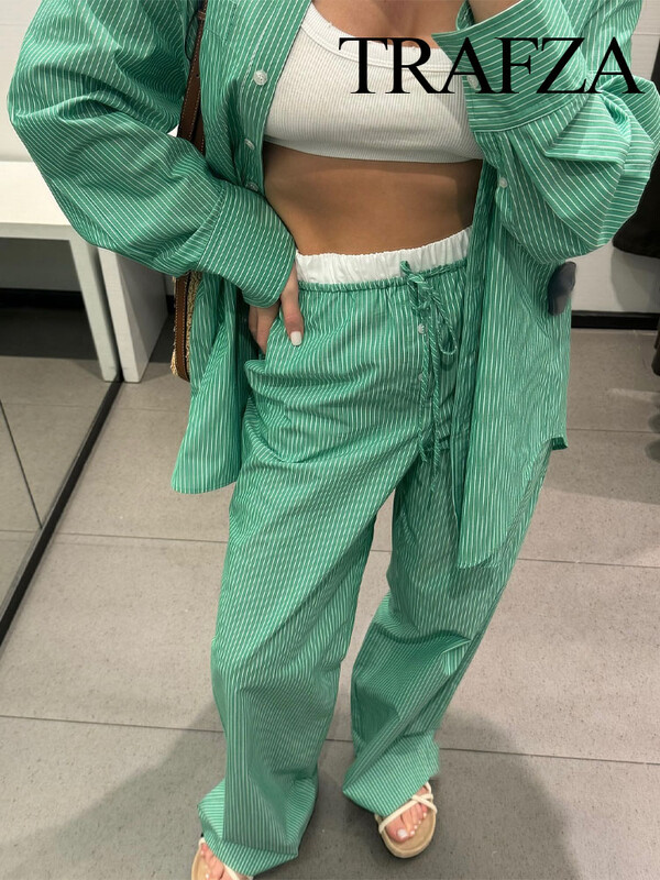 TRAFZA ljetno modno žensko odijelo s otvorenim ovratnikom, dugim rukavima, jednoredne košulje s džepovima + široke hlače na vezanje u struku