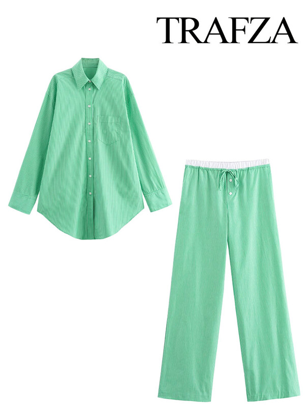 TRAFZA ljetno modno žensko odijelo s otvorenim ovratnikom, dugim rukavima, jednoredne košulje s džepovima + široke hlače na vezanje u struku