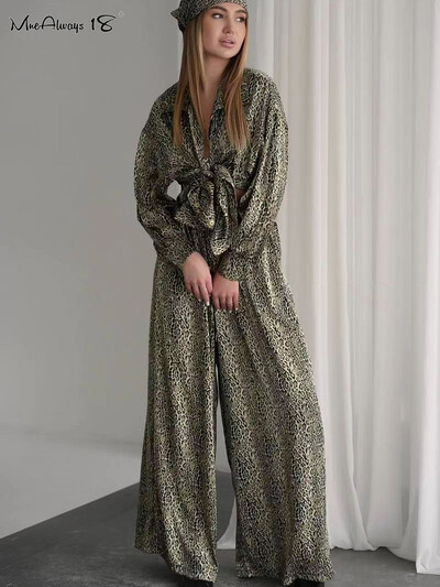 Mnealways18 Elegantni ženski kompleti hlača s leopard uzorkom jesen zima 2024. Elegantne hlače širokih nogavica Odjevne kombinacije prevelikih dvodijelnih košulja
