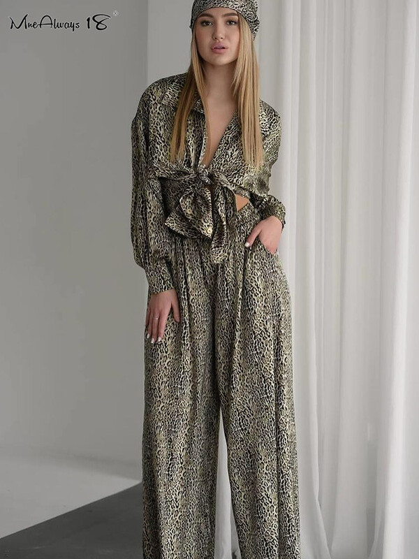 Mnealways18 Elegantni ženski kompleti hlača s leopard uzorkom jesen zima 2024. Elegantne hlače širokih nogavica Odjevne kombinacije prevelikih dvodijelnih košulja
