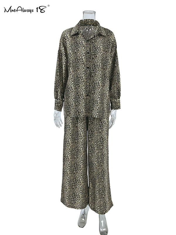Mnealways18 Elegantni ženski kompleti hlača s leopard uzorkom jesen zima 2024. Elegantne hlače širokih nogavica Odjevne kombinacije prevelikih dvodijelnih košulja