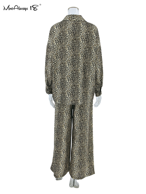 Mnealways18 Elegantni ženski kompleti hlača s leopard uzorkom jesen zima 2024. Elegantne hlače širokih nogavica Odjevne kombinacije prevelikih dvodijelnih košulja