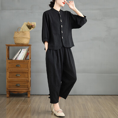 Големи летни 2 комплекта от две части Дамски модни дамски изрязани дамски ризи с ръкав-фенер Свободни плисирани ластични панталони на талията