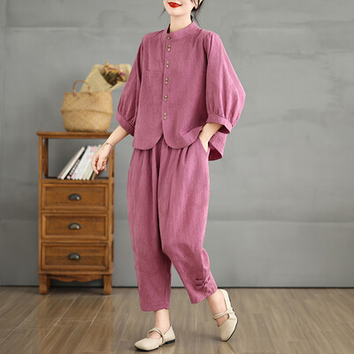 Големи летни 2 комплекта от две части Дамски модни дамски изрязани дамски ризи с ръкав-фенер Свободни плисирани ластични панталони на талията