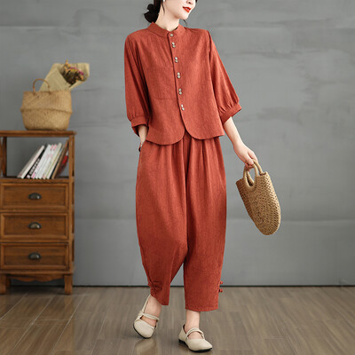 Големи летни 2 комплекта от две части Дамски модни дамски изрязани дамски ризи с ръкав-фенер Свободни плисирани ластични панталони на талията