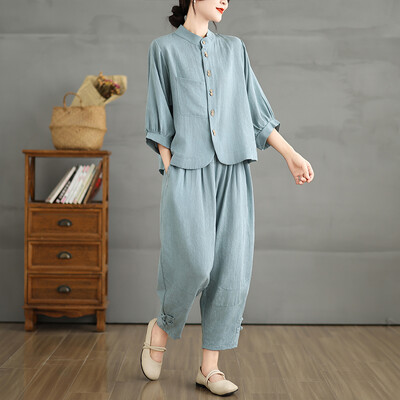 Големи летни 2 комплекта от две части Дамски модни дамски изрязани дамски ризи с ръкав-фенер Свободни плисирани ластични панталони на талията