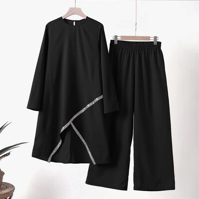 Ženski Eid Musulman Ansemble Muslimanski kompleti Jednobojne bluze Hlače širokih nogavica Ramadan Maroko Dvodijelni Dubai Kaftan Labavi skromni kompleti