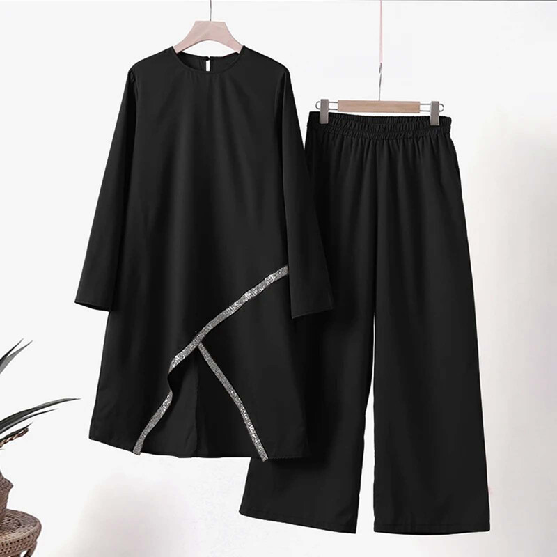 Ženski Eid Musulman Ansemble Muslimanski kompleti Jednobojne bluze Hlače širokih nogavica Ramadan Maroko Dvodijelni Dubai Kaftan Labavi skromni kompleti