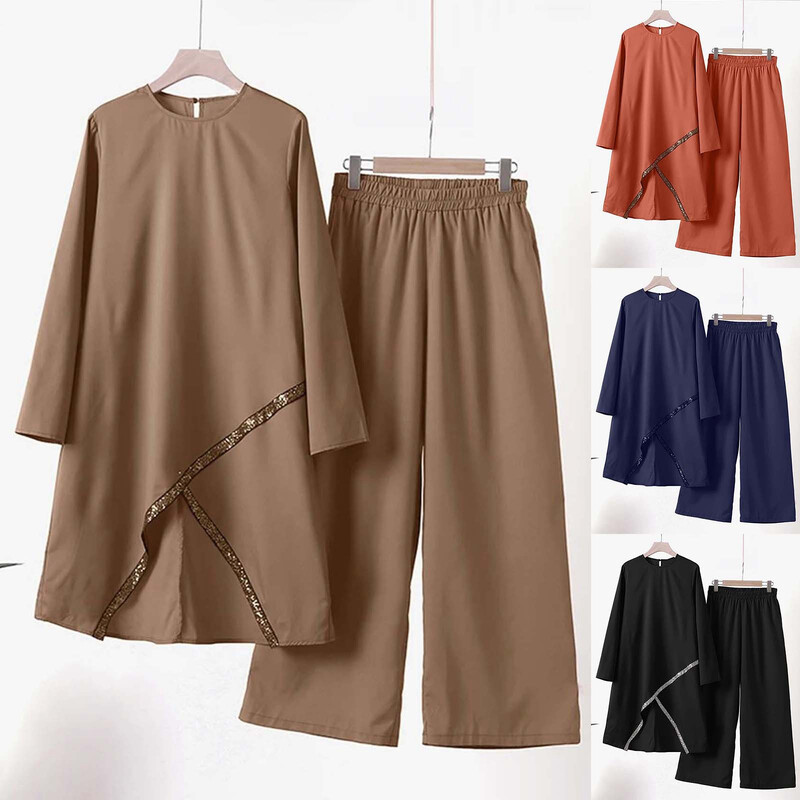 Ženski Eid Musulman Ansemble Muslimanski kompleti Jednobojne bluze Hlače širokih nogavica Ramadan Maroko Dvodijelni Dubai Kaftan Labavi skromni kompleti