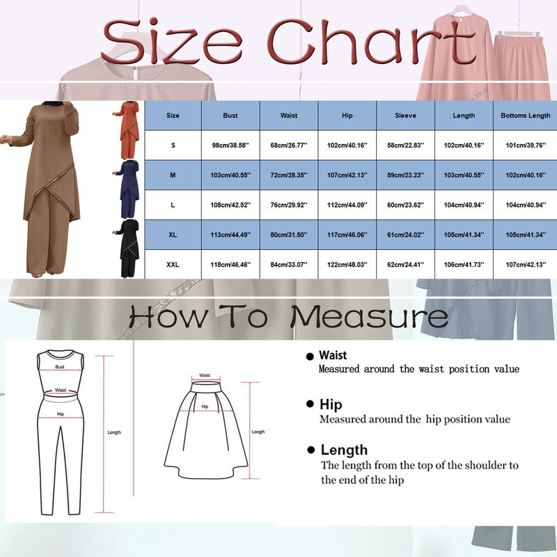 Ženski Eid Musulman Ansemble Muslimanski kompleti Jednobojne bluze Hlače širokih nogavica Ramadan Maroko Dvodijelni Dubai Kaftan Labavi skromni kompleti