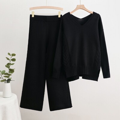 Ležerni jednobojni pleteni kompleti od 2 komada Ženski pulover s V-izrezom i dugim rukavima Top Conjuntos Hlače visokog struka Novo