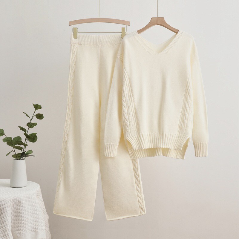 Ležerni jednobojni pleteni kompleti od 2 komada Ženski pulover s V-izrezom i dugim rukavima Top Conjuntos Hlače visokog struka Novo