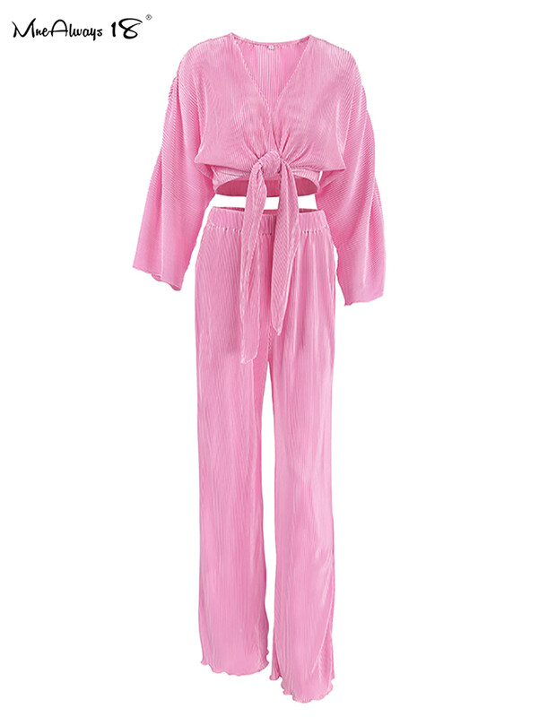 Mnealways18 Dvodijelne plisirane široke ženske hlače za odmor, ružičaste košulje s križnim V-izrezom i plisirane hlače, jesen 2024., dame
