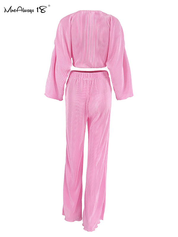 Mnealways18 Dvodijelne plisirane široke ženske hlače za odmor, ružičaste košulje s križnim V-izrezom i plisirane hlače, jesen 2024., dame