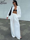 Oymimi Modni bijeli pamučni dvodijelni set za žene Elegantne košulje dugih rukava s džepovima i kompleti hlača s bočnim prorezom visokog struka