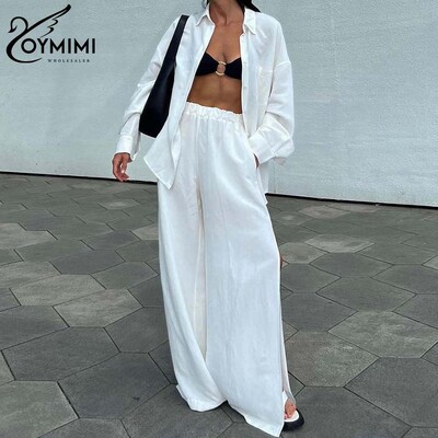 Oymimi Modni bijeli pamučni dvodijelni set za žene Elegantne košulje dugih rukava s džepovima i kompleti hlača s bočnim prorezom visokog struka