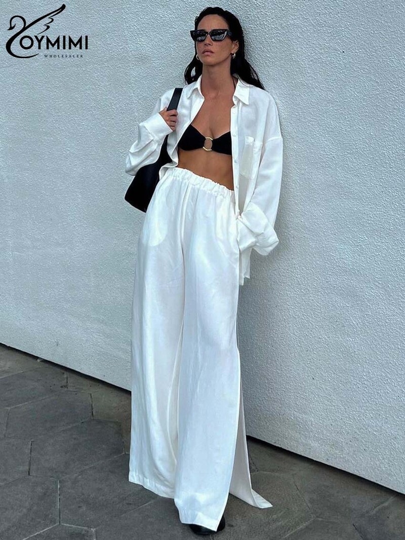Oymimi Modni bijeli pamučni dvodijelni set za žene Elegantne košulje dugih rukava s džepovima i kompleti hlača s bočnim prorezom visokog struka