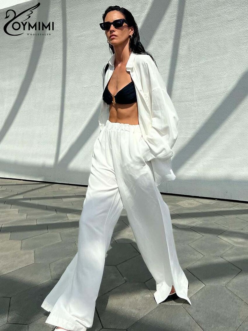 Oymimi Modni bijeli pamučni dvodijelni set za žene Elegantne košulje dugih rukava s džepovima i kompleti hlača s bočnim prorezom visokog struka
