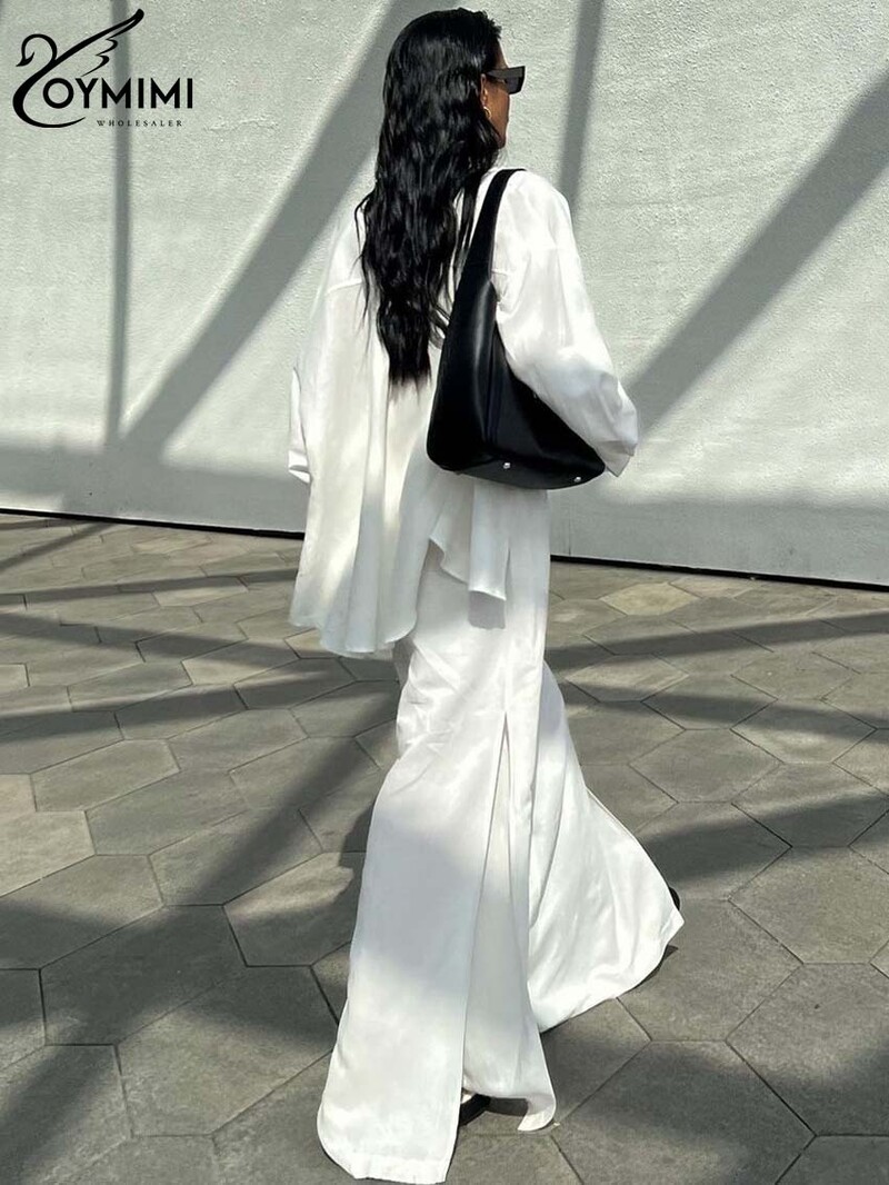 Oymimi Modni bijeli pamučni dvodijelni set za žene Elegantne košulje dugih rukava s džepovima i kompleti hlača s bočnim prorezom visokog struka