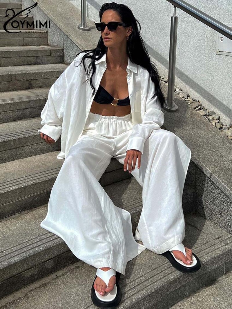 Oymimi Modni bijeli pamučni dvodijelni set za žene Elegantne košulje dugih rukava s džepovima i kompleti hlača s bočnim prorezom visokog struka