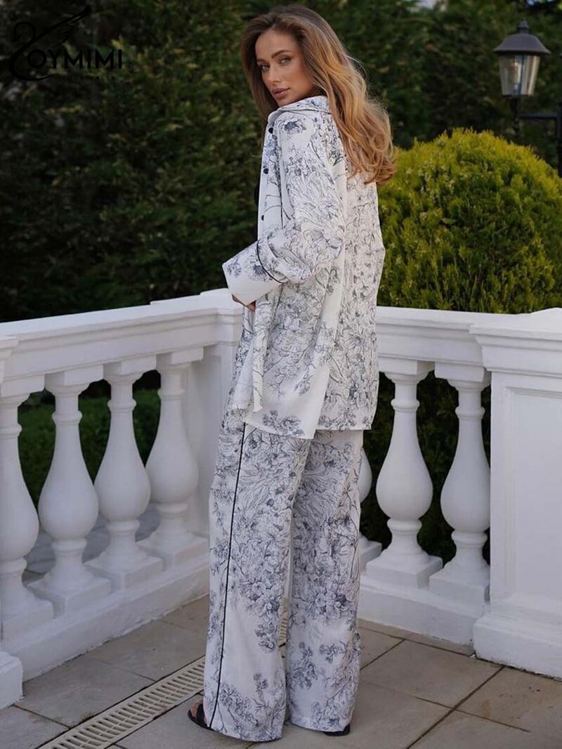 Oymimi ležerni kompleti od 2 komada s crnim printom Ženska odjeća, modne majice s jednim kopčanjem s dugim rukavima i ravnim hlačama s visokim strukom