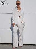 Oymimi Elegantni dvodijelni ženski komplet od bijelog satena, modne bluze s dugim rukavima i ravnim hlačama visokog struka