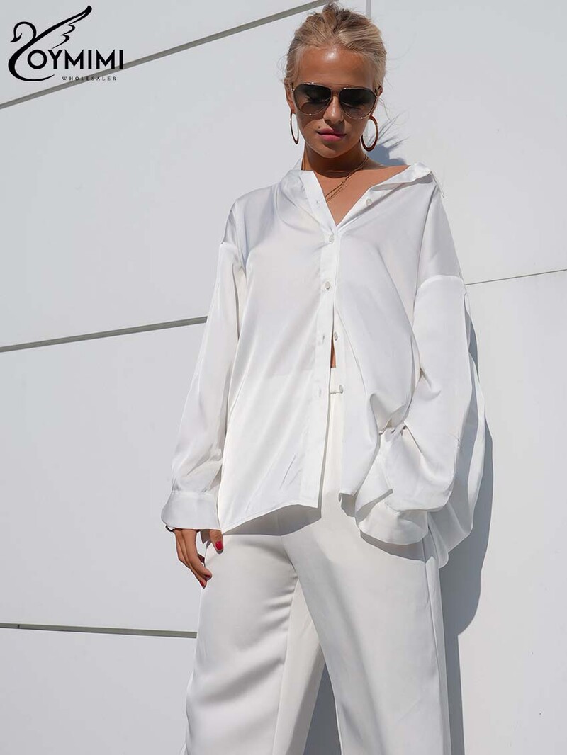 Oymimi Elegantni dvodijelni ženski komplet od bijelog satena, modne bluze s dugim rukavima i ravnim hlačama visokog struka
