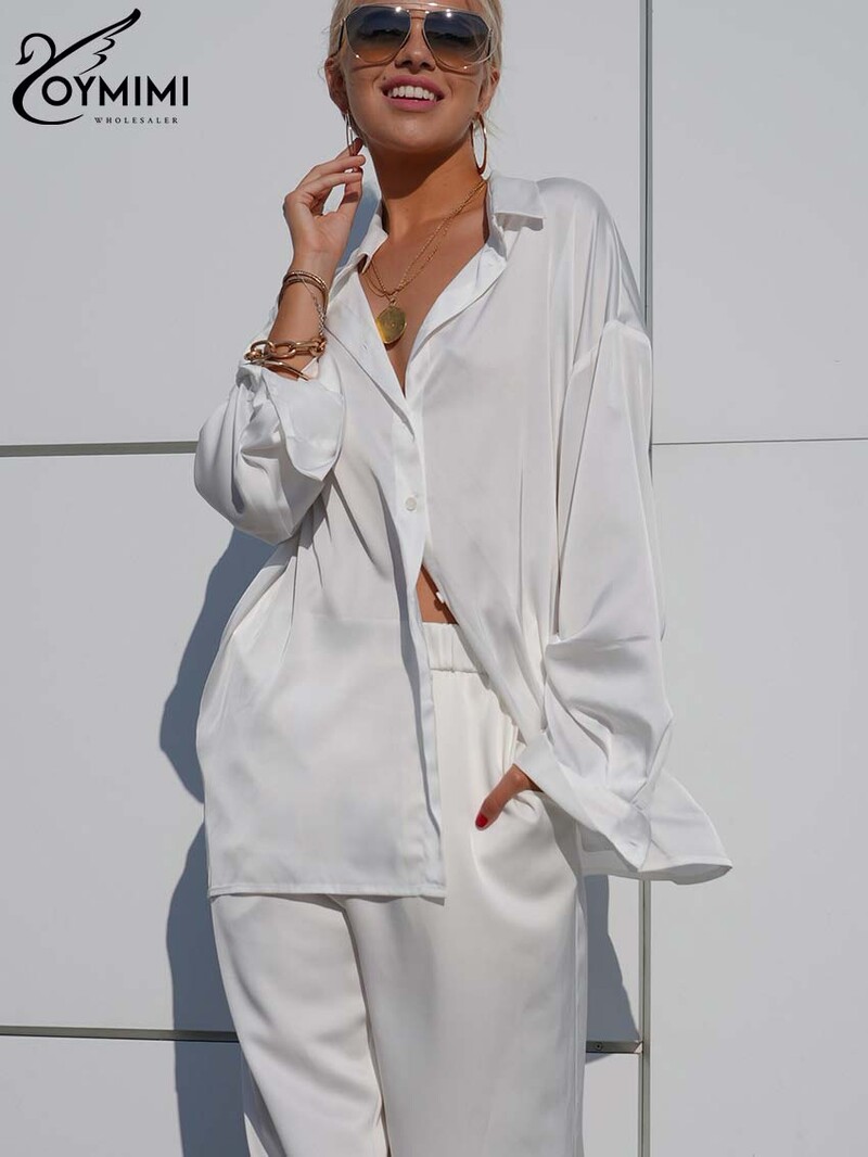 Oymimi Elegantni dvodijelni ženski komplet od bijelog satena, modne bluze s dugim rukavima i ravnim hlačama visokog struka