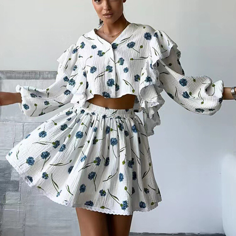 Komplet dvodijelnih suknji Ženski ljetni pamučni i laneni gornji dijelovi s V-izrezom i mini suknje Ženski ležerni slatki kompleti haljina