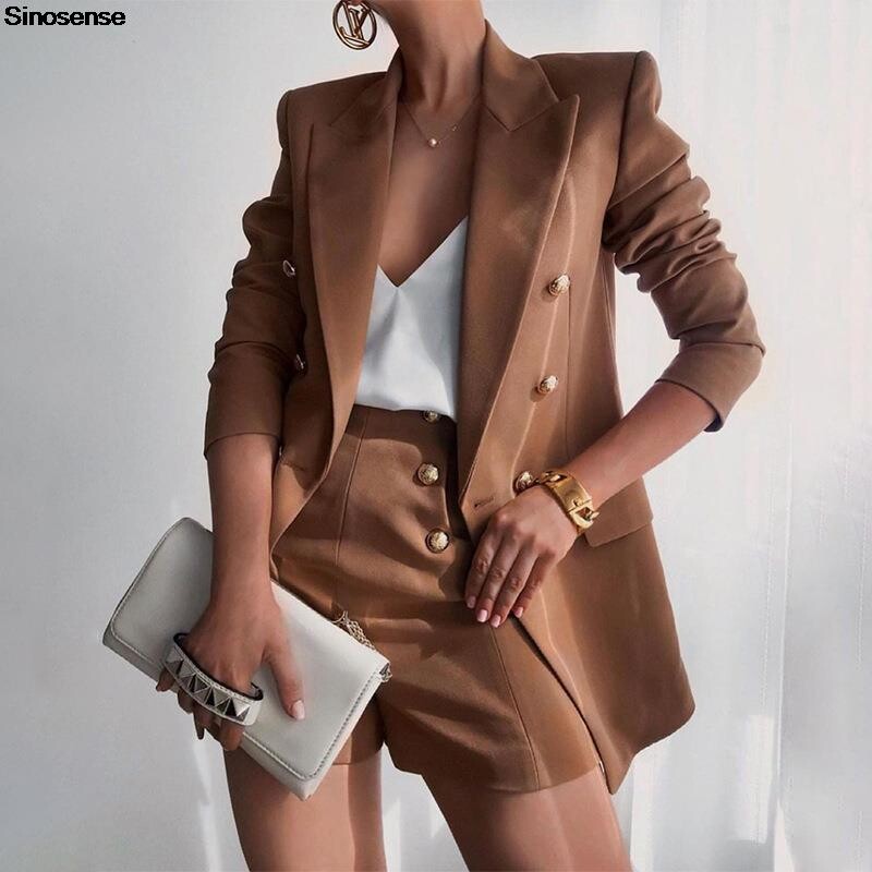 Naiste mood klassikaline, kaheosaline, kaheosaline komplekt, pikkade varrukatega bleiserülikond + nööbiga põletatud lühikesed püksid, ülikonnad, vabaaja elegantne OL äriülikond