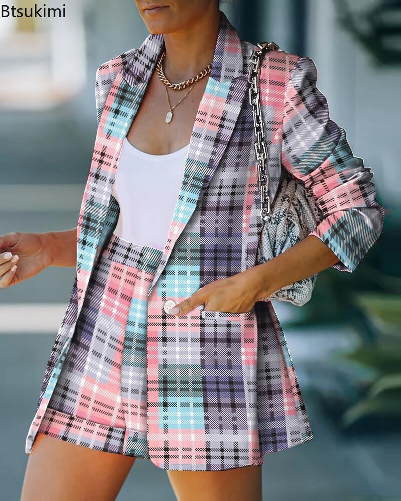 2024 Ženski elegantni dvodijelni blejzer kompleti formalnih uredskih kompleta Ženski uski kardigan blazer kratke hlače Jednobojni kompleti blejzera iz 2 komada