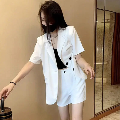 Ljetni bijeli kratki rukav Office 2024 Ženski komplet hlača Odjeća Sakoi i kratke hlače Odijela za žene Luksuzni kroj s jaknom