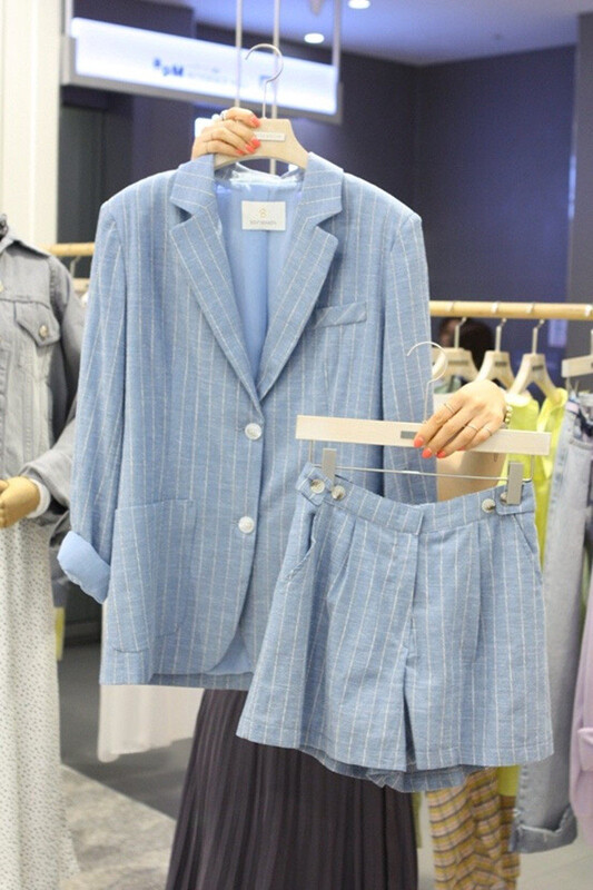 Proljeće ljeto Nova korejska prugasta tanka pamučna lanena odijela Jakne Ženska odjeća Kratke hlače + blejzer Dvodijelni kompleti Ženski