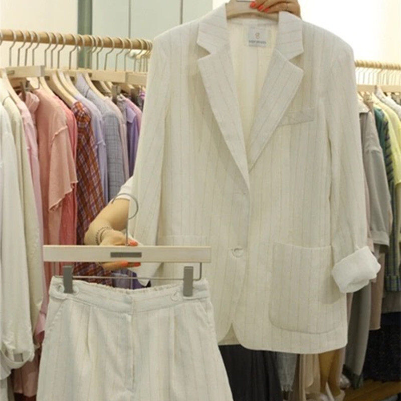 Proljeće ljeto Nova korejska prugasta tanka pamučna lanena odijela Jakne Ženska odjeća Kratke hlače + blejzer Dvodijelni kompleti Ženski