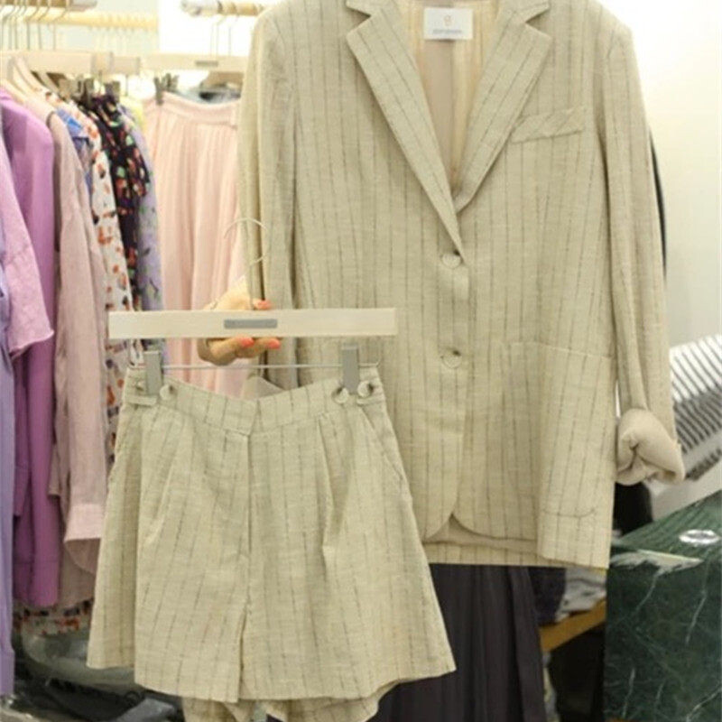 Proljeće ljeto Nova korejska prugasta tanka pamučna lanena odijela Jakne Ženska odjeća Kratke hlače + blejzer Dvodijelni kompleti Ženski