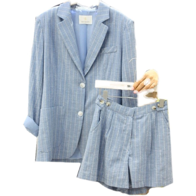Proljeće ljeto Nova korejska prugasta tanka pamučna lanena odijela Jakne Ženska odjeća Kratke hlače + blejzer Dvodijelni kompleti Ženski