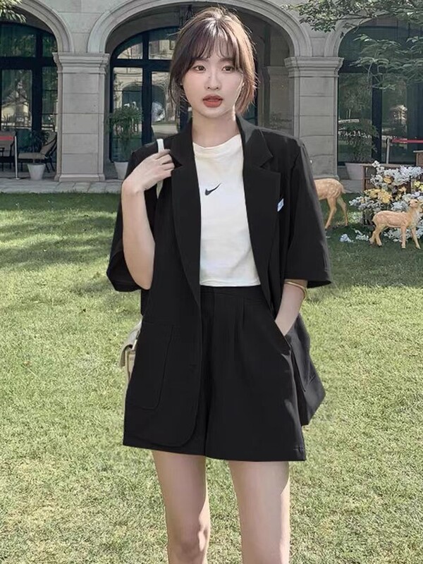 Ülikonnajope Naiste moekomplekt Õhukesed vabaaja lühikesed püksid Kaheosalised avara liibumisega töölkäimise riided Suvekontor Naiste Soliidsed rõivad