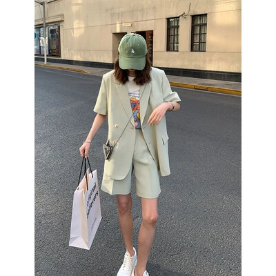 Korejski labavi dvodijelni ženski kratki komplet s jaknom Ljeto 2023. Tanke jakne kratkih rukava + kratke hlače Ležerna uredska ženska odijela