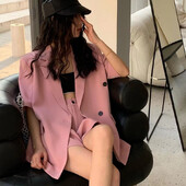 Kompleti od 2 komada Ženski modni široki sako kratkih rukava i odijelo s kratkim hlačama Crni jednobojni formalni sakoi Ženski poslovni korejski