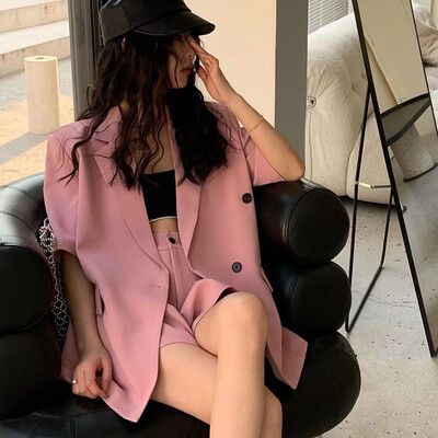 Kompleti od 2 komada Ženski modni široki sako kratkih rukava i odijelo s kratkim hlačama Crni jednobojni formalni sakoi Ženski poslovni korejski