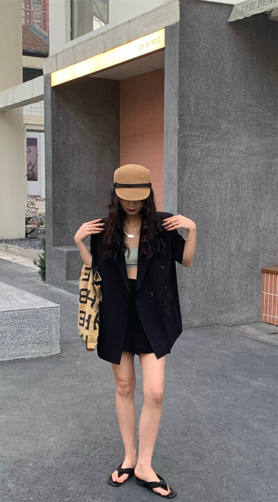 Kompleti od 2 komada Ženski modni široki sako kratkih rukava i odijelo s kratkim hlačama Crni jednobojni formalni sakoi Ženski poslovni korejski