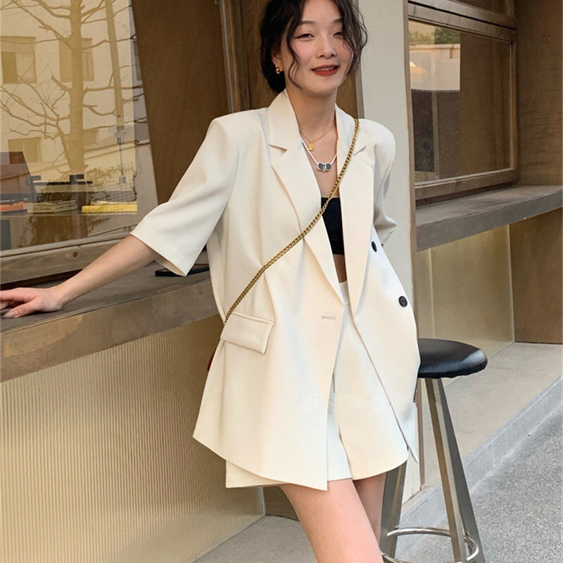 Kompleti od 2 komada Ženski modni široki sako kratkih rukava i odijelo s kratkim hlačama Crni jednobojni formalni sakoi Ženski poslovni korejski