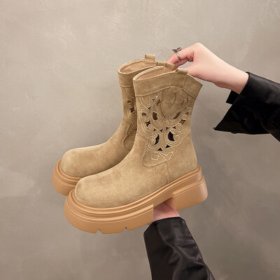 2024. Nove čizme za gležnjeve od goveđe kože od goveđe kože do sredine teleta, ženske čizme s okruglim prstima, blok pete, jesenske zimske gležnjače, ženske cipele D102