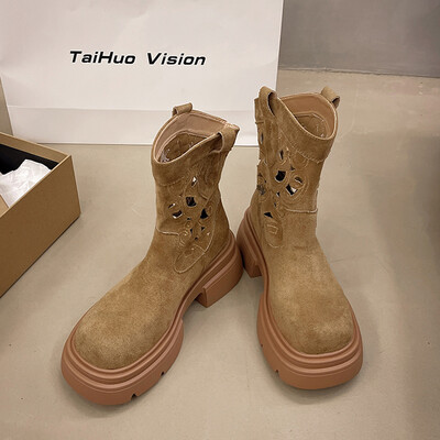 2024. Nove čizme za gležnjeve od goveđe kože od goveđe kože do sredine teleta, ženske čizme s okruglim prstima, blok pete, jesenske zimske gležnjače, ženske cipele D102