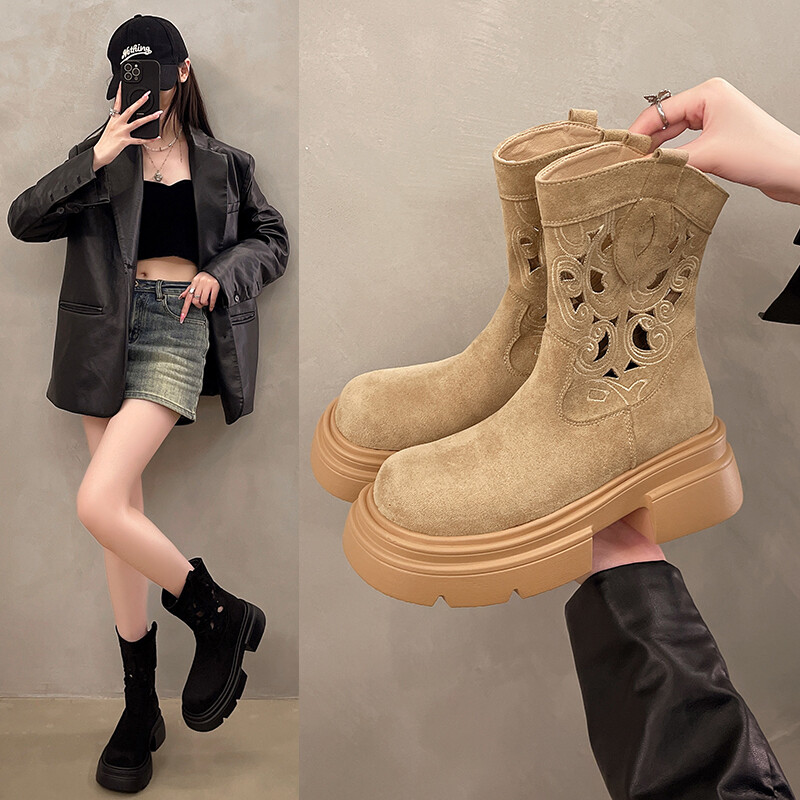 2024. Nove čizme za gležnjeve od goveđe kože od goveđe kože do sredine teleta, ženske čizme s okruglim prstima, blok pete, jesenske zimske gležnjače, ženske cipele D102