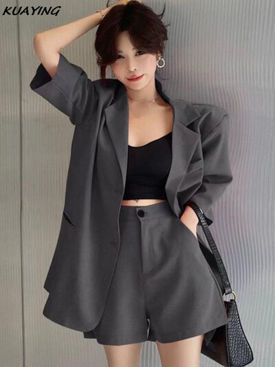 Ženski vintage blazer kratke odijela Modni ležerni široki blazer jakne Jednobojne kratke pantalone Odjevni predmeti Ženski korejski set od 2 komada