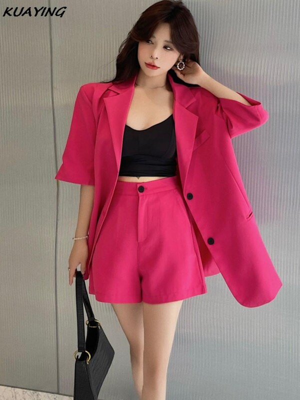 Ženski vintage blazer kratke odijela Modni ležerni široki blazer jakne Jednobojne kratke pantalone Odjevni predmeti Ženski korejski set od 2 komada